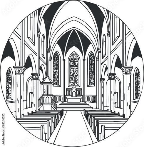 A detailed illustration of a church interior featuring gothic architecture in black and white vector style, ideal for architectural design projects