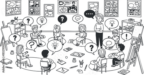 A group of children engaged in an art class, illustrating creativity and collaboration in a black and white outline vector style, suitable for educational materials or creative projects