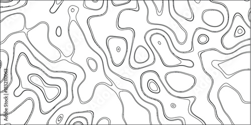 Abstract topographic contour lines pattern in black and white creating a complex organic texture for graphic design and backgrounds