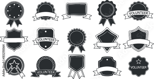 A collection of volunteer badges and award icons in black and white outline vector style, ideal for community service recognition and event branding
