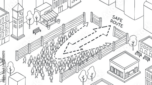 A crowd of people navigating a safe route in a cityscape illustration, depicted in minimalist black and white vector style, ideal for urban planning projects