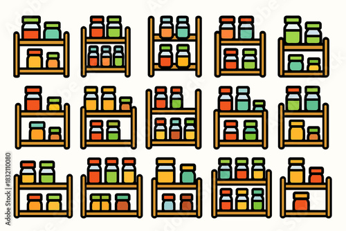 Colorful jar patterns on wooden shelves in rows