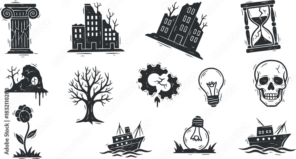 Fototapeta premium A collection of black and white vector icons featuring a skull, lightbulb, tree, flower, hourglass, city ruins, and more, perfect for graphic design projects