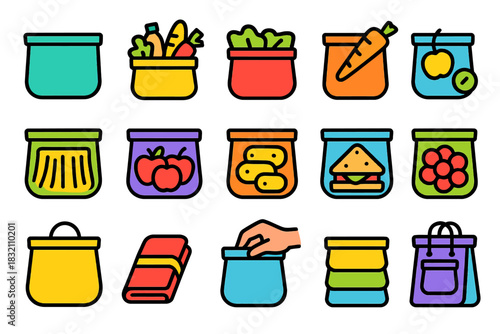 Colorful assorted food containers with fresh produce and groceries icons