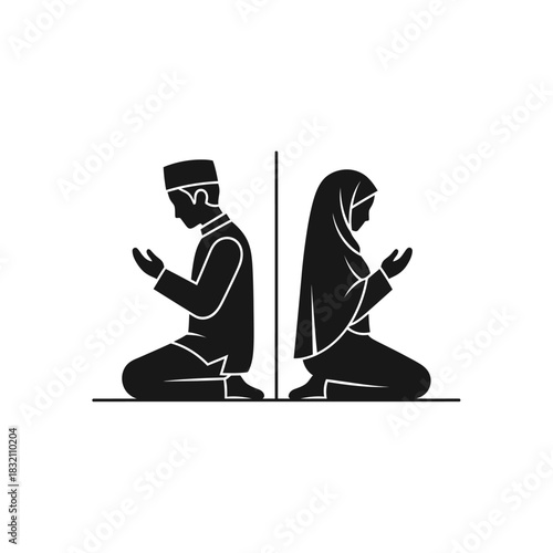 Minimalist black silhouette icon of a Muslim man and Muslim woman praying