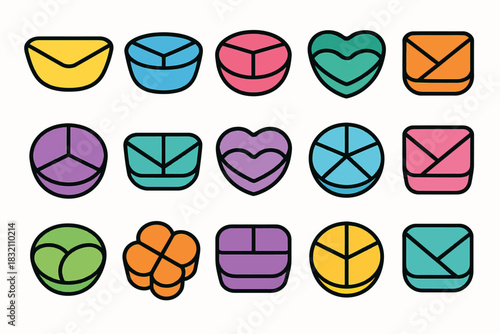 Set of colorful geometric icons: envelopes, hearts, circles, and abstract shapes