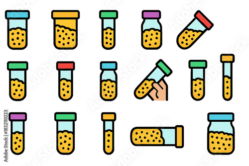 Collection of colorful test tubes and jars with yellow contents