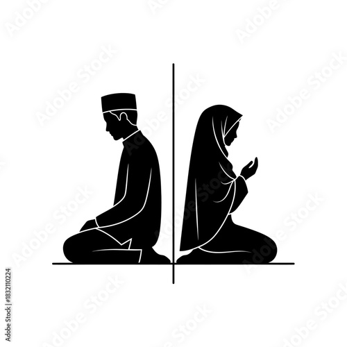 Minimalist black silhouette icon of a Muslim man and Muslim woman praying