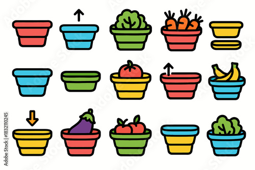 Colorful collapsible containers with assorted vegetables and fruits