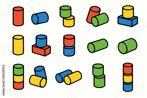 Colorful geometric cylinder patterns with red, blue, yellow, green shapes