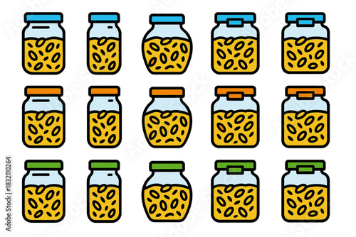 Pattern of seed-filled jars with colorful lids in grid arrangement