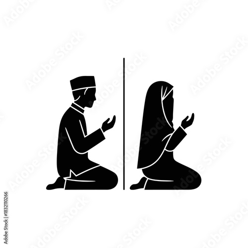Minimalist black silhouette icon of a Muslim man and Muslim woman praying