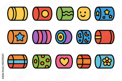 Colorful geometric cartoon patterns in cylindrical shapes and squares