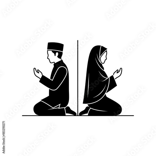 Minimalist black silhouette icon of a Muslim man and Muslim woman praying