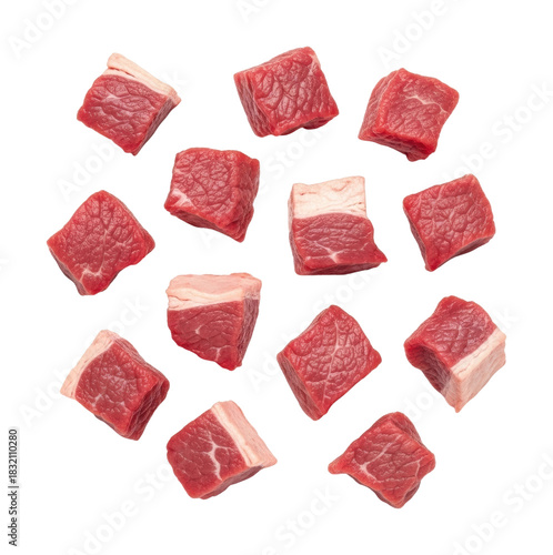 Raw beef cubes preparation kitchen food isolated on transparent background