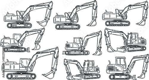A set of excavators in outline vector style, showcasing various designs and angles, ideal for construction and engineering projects