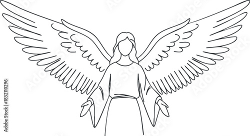 An angel with large wings in outline vector style, suitable for religious and spiritual artwork or designs