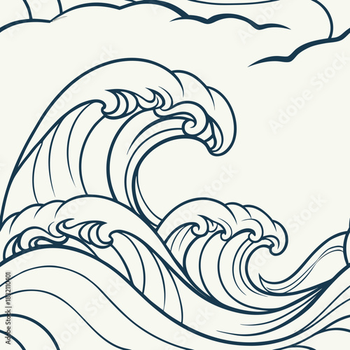 Stylized blue waves against a cream background