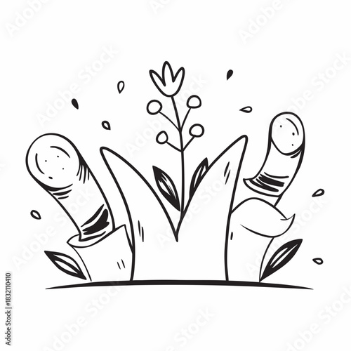 Whimsical cartoon fingers sprout a flower in a garden