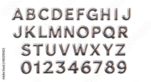 Silver chrome 3d alphabet letters and numbers isolated on transparent background