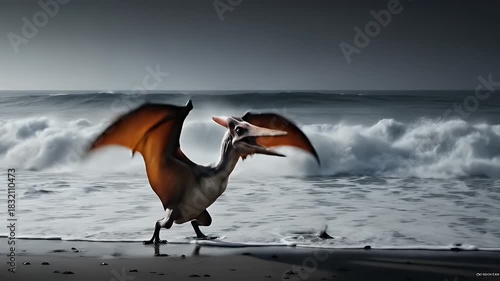 Dramatic Pterodactyl Standing on Dark Sandy Beach with Crashing Ocean Waves Under Moody Grey Sky