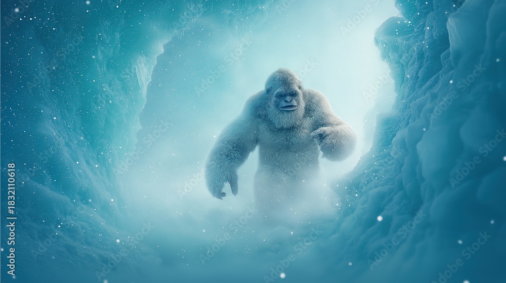 Fototapeta premium Yeti Emerging From Icy Glacier Cave