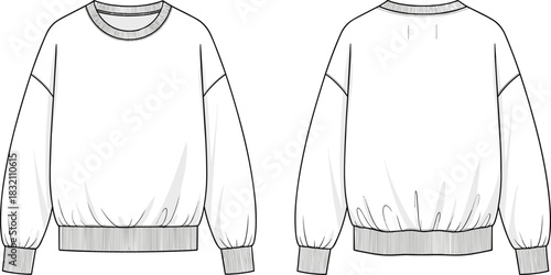 Vector technical sketch of oversized crewneck sweatshirt with drop shoulders and ribbed trims, front and back view fashion flat drawing.