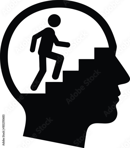 Mindset growth person climbing stairs inside head silhouette