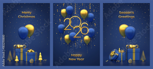 Christmas card set. Happy New Year 2026. Gold numbers 2026 with 3D festive helium balloons blue background. Gift boxes with gold bow and golden metallic fir trees, ball, snowflake. Vector illustration