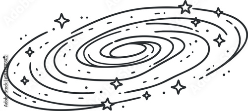 A swirling galaxy with stars and cosmic elements in a minimalist black outline vector style, ideal for space-themed designs