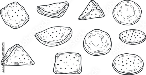 A collection of various bread and pastry shapes in outline vector style, perfect for food-related designs and branding