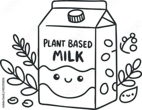 A cute plant-based milk carton with smiling face and leaves in outline minimalist vector style, perfect for eco-friendly branding