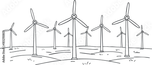 A collection of wind turbines in an outline style, showcasing renewable energy on a rural landscape, suitable for environmental projects