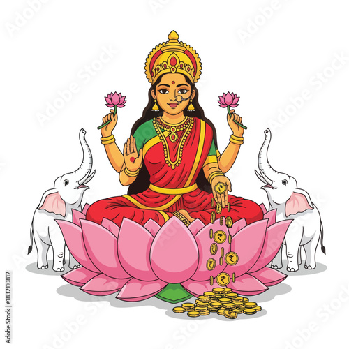 Lakshmi's divine blessing, showering wealth and prosperity, sitting gracefully on a lotus with elephants, spiritual symbol of abundance
