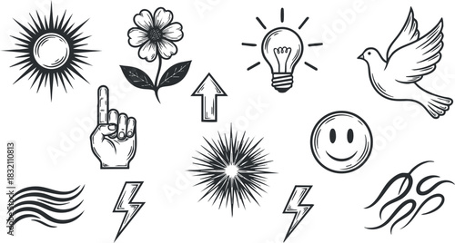 A collection of abstract icons including sun, flower, lightbulb, hand, arrow, bird, and lightning in black and white outline style, perfect for graphic design projects