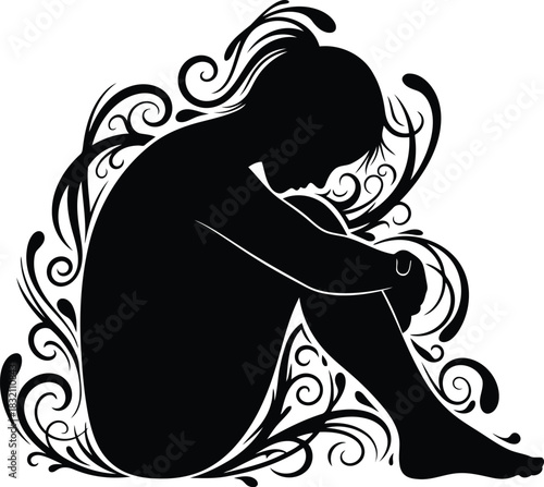 Sad silhouette woman embracing knees emotional distress