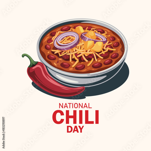 National Chili Day vector illustration. Chili con carne bowl vector illustration. Traditional Mexican spicy dish with meat, beans and cheese drawing. The fourth Thursday in February. Important day
