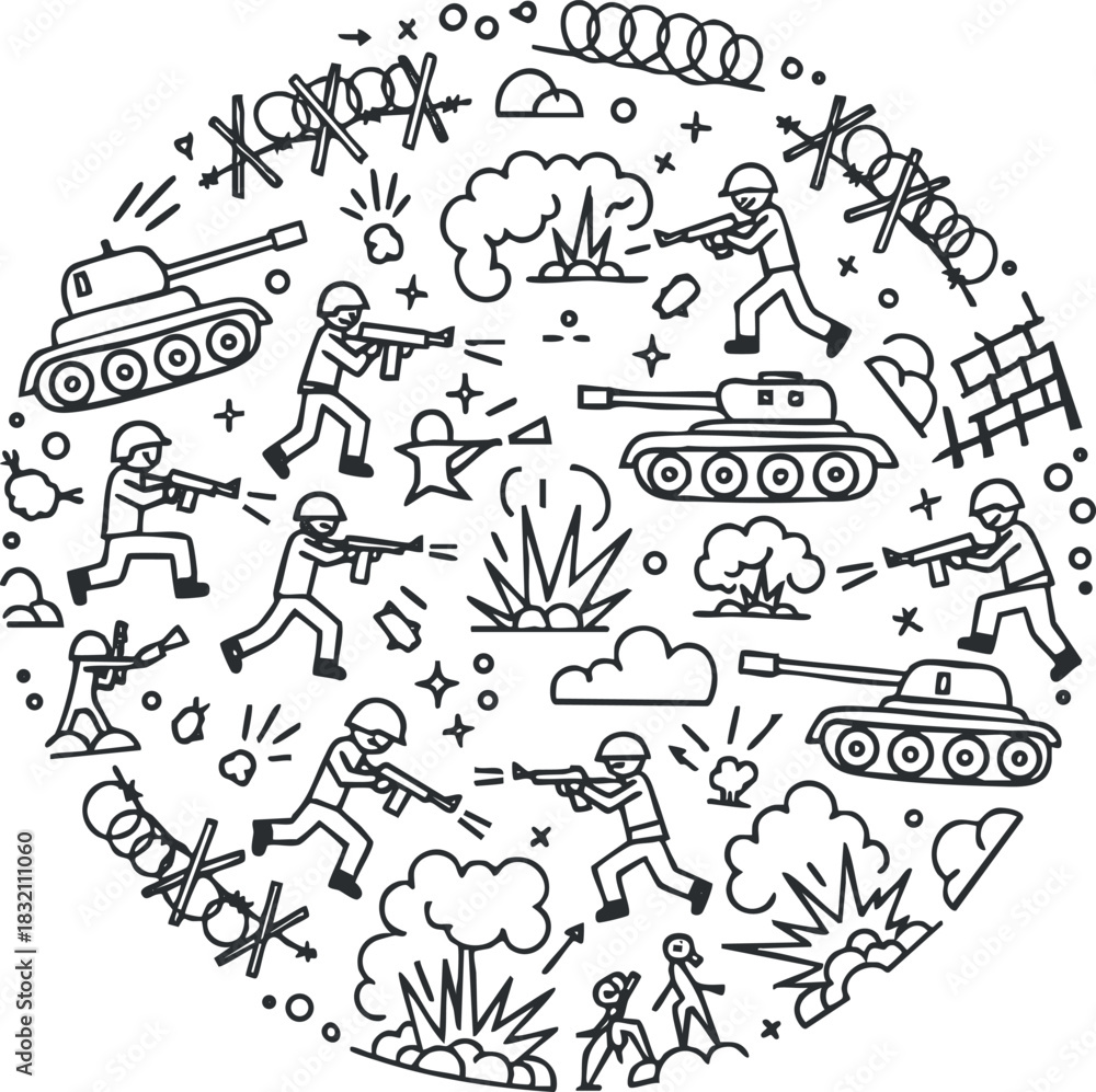 Obraz premium A collection of soldiers and tanks in outline vector style depicting combat scenes, ideal for military-themed designs or educational materials