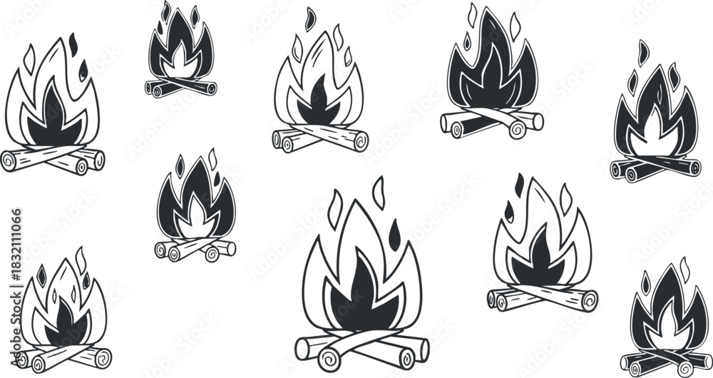 Fototapeta premium A collection of campfire icons featuring flames and logs in black and white minimalist vector style, ideal for outdoor adventure themes