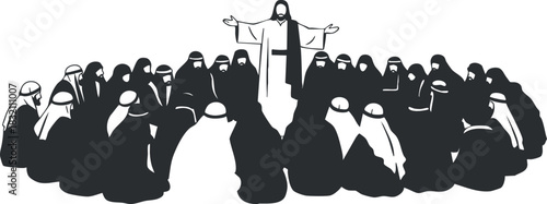 A silhouette of Jesus delivering a sermon to a large crowd of followers in black and white vector style, ideal for religious illustrations