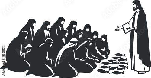 A depiction of Jesus sharing fishes with a crowd in black and white vector style, suitable for religious themes and illustrations