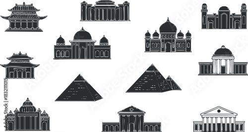 A collection of iconic architectural landmarks including temples, pyramids, and palaces in black and white outline vector style, suitable for travel brochures and educational materials