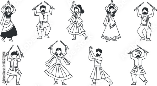 A collection of diverse dancers performing traditional dance in black and white vector style, ideal for cultural events and festivals