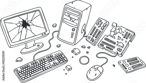 A broken desktop computer setup with a cracked monitor, keyboard, and disassembled parts in outline vector style, suitable for tech repair illustrations
