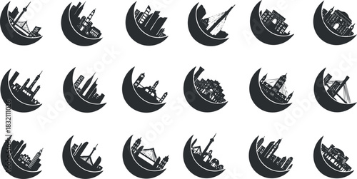 A collection of city skyline silhouettes set against crescent moons in black and white vector style, ideal for urban-themed designs