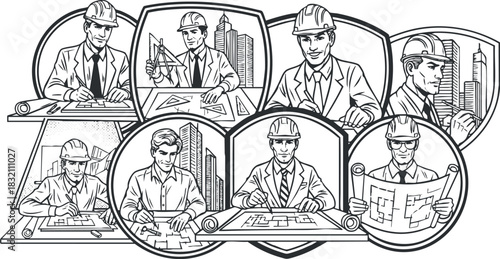 A collection of engineers and architects analyzing blueprints and cityscapes in black and white outline vector style, ideal for construction and design projects