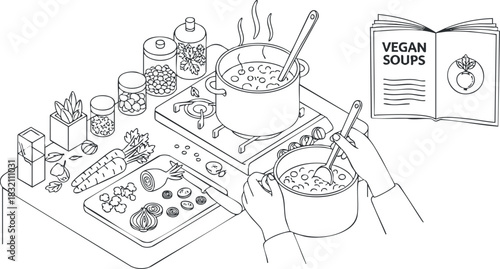 A person cooking vegan soup in a kitchen setting, featuring fresh ingredients and a recipe book in minimalist black and white line art style
