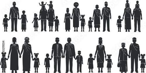 A collection of diverse family silhouette illustrations featuring multiple generations holding hands in black vector style, suitable for social themes and community representation
