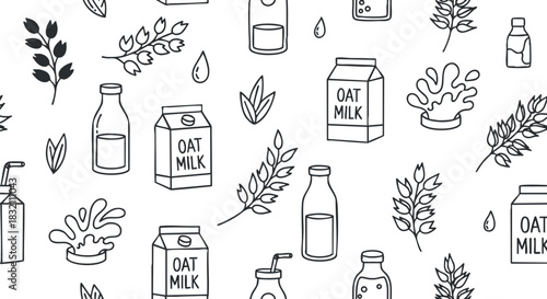 A collection of oat milk bottles, leaves, and splashes in minimalist black and white vector style, ideal for health and wellness branding