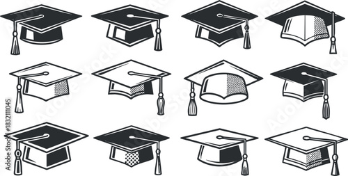 A collection of graduation caps in black and white vector style, suitable for educational themes and celebration designs